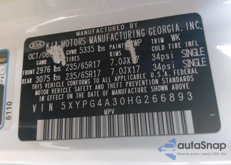 2017 Kia Sorento 2.4L Lx z USA, uszkodzony, nr VIN 5XYPG4A30HG266893